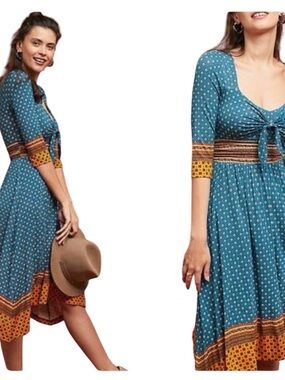 Anthropologie Teal Midi Dress with Mustard Trim